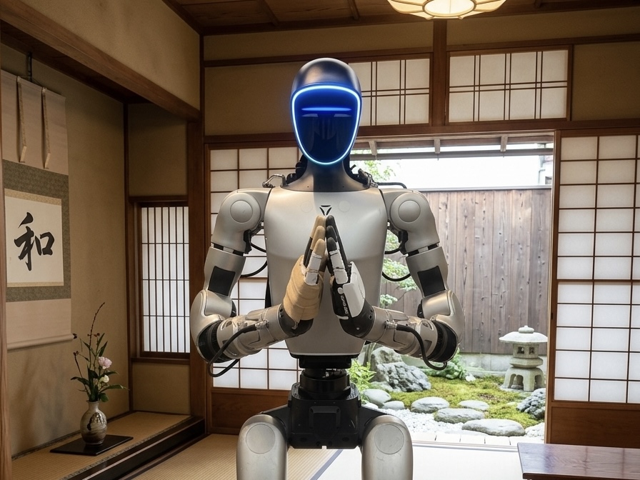 茶之助が合掌の所作でお出迎えする様子