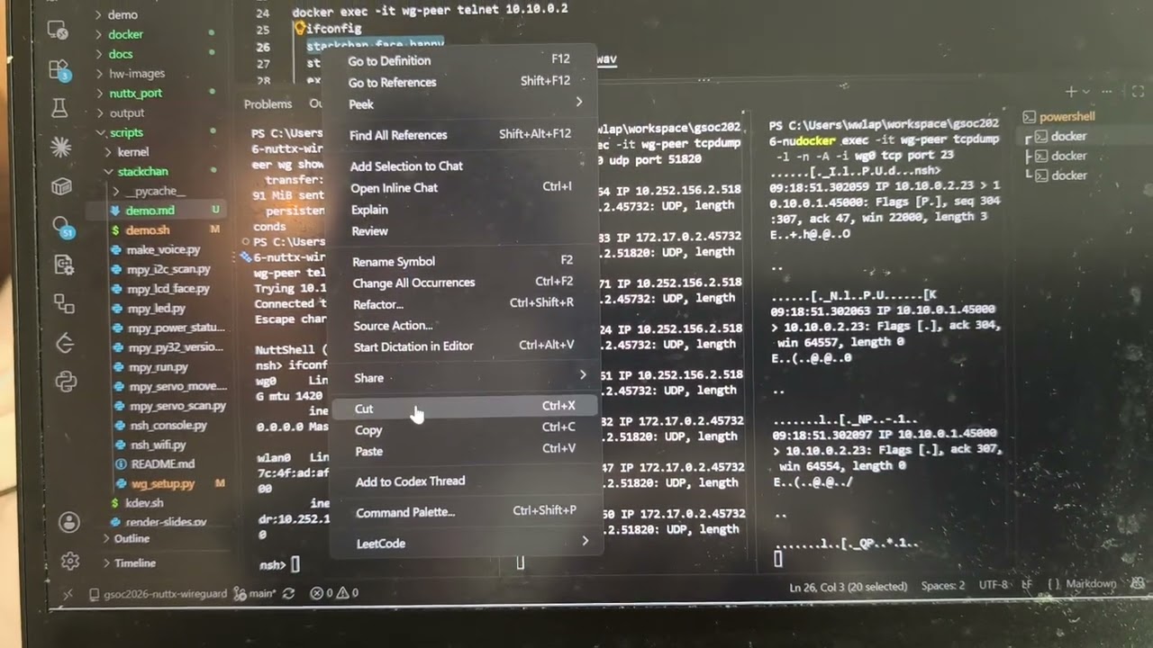 A frame from the backup video: three terminal panes side by side, one to control Stack-chan, one with encrypted packets, one with plaintext packets
